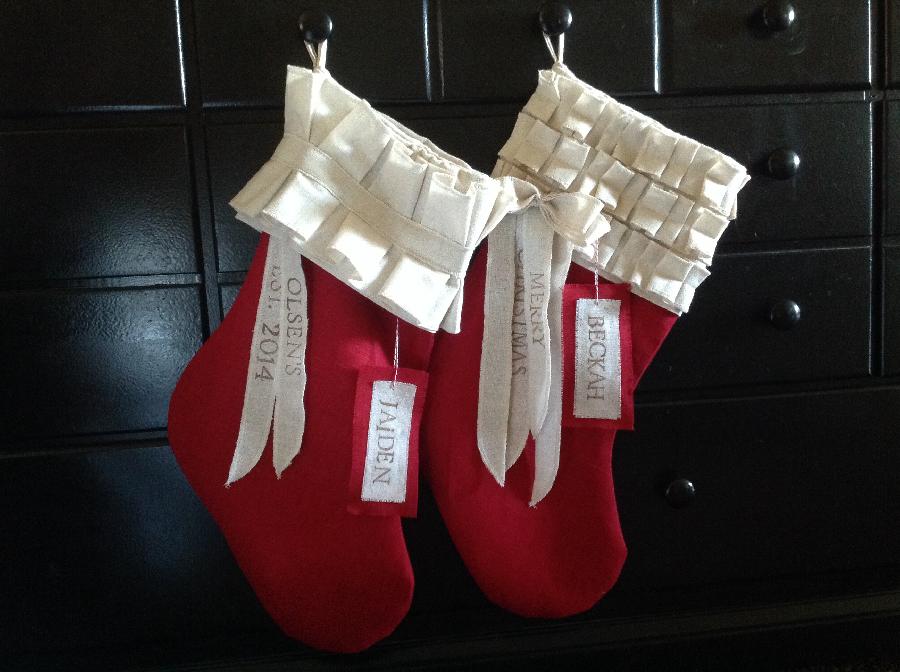 Bridget, Festive classic Christmas stockings. Created from red linen from the fabrics-store.com. These stocki...
