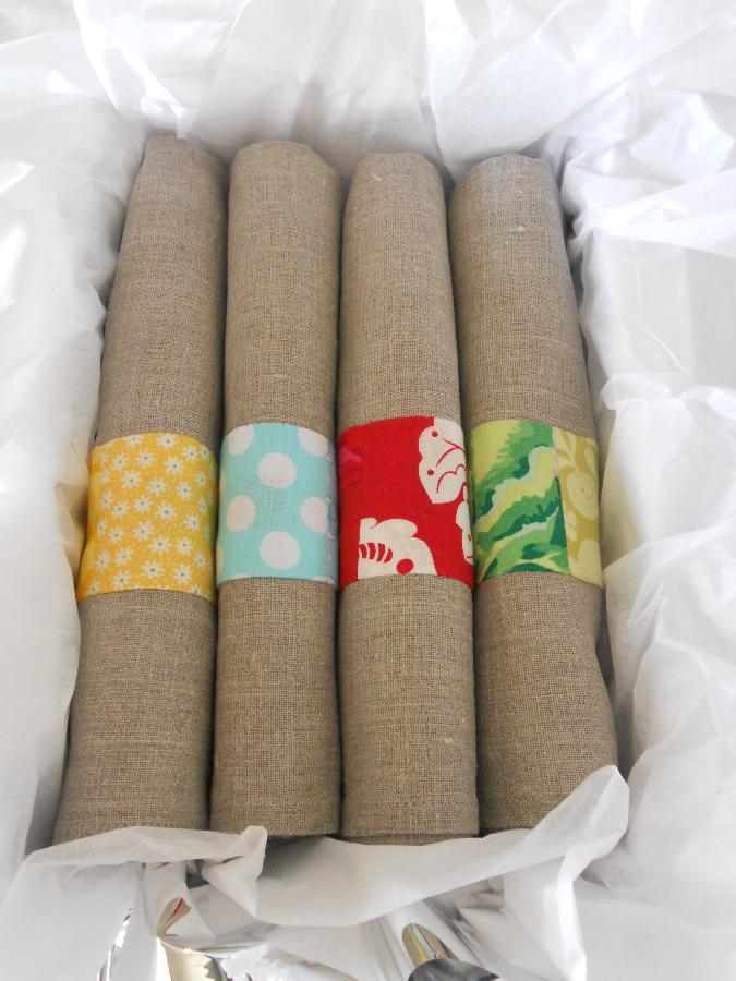 Kellie, Natural linen tea towels with pieced cotton trim.
