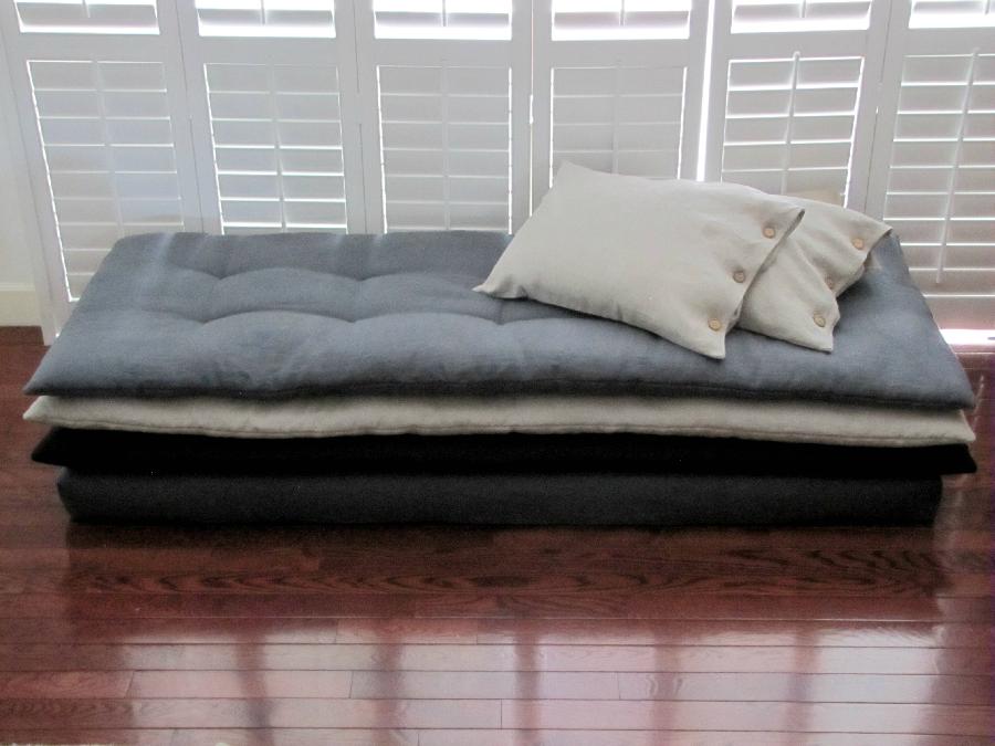 Darcy, Stacked Daybed and Button Pillow Shams. Handcrafted tufted cushion layers were created using Teak So...