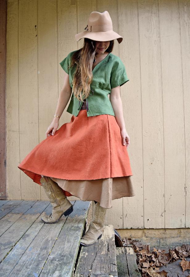 Lou, Our layered ginger and tan boho skirt with yoga waist band paired with vineyard cardigan.  Customers...
