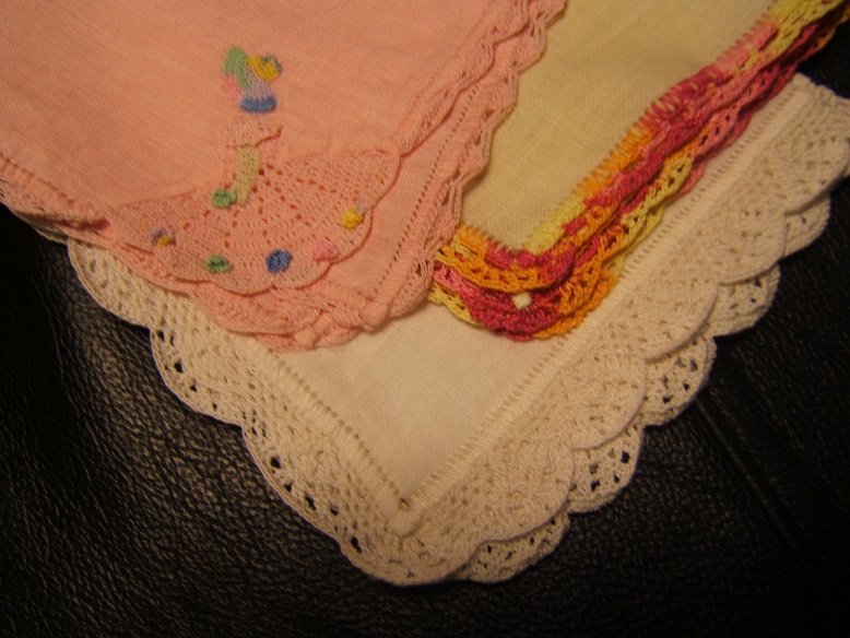 Nancy, I use the light weight linen and hem stitch hankies by hand, then add a border by tatting or crochet...
