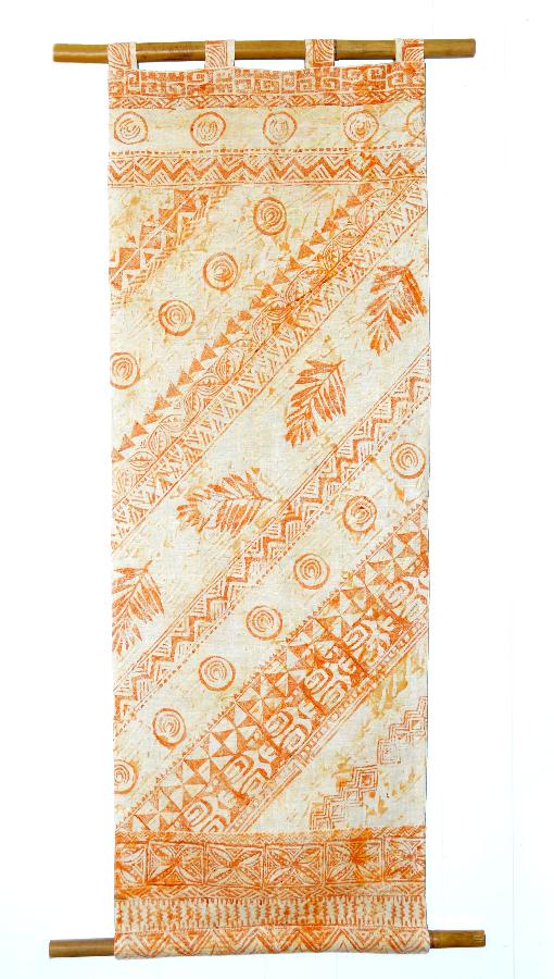 lesley, Hand printed linen wall hanging using block prints carved by myself, inspired by Hawaiian flora and...