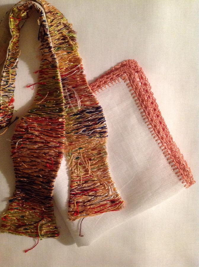 Ella, Silk Thread on Organza self tie bow tie with matching Linen pocket square, crochet edge.         www...