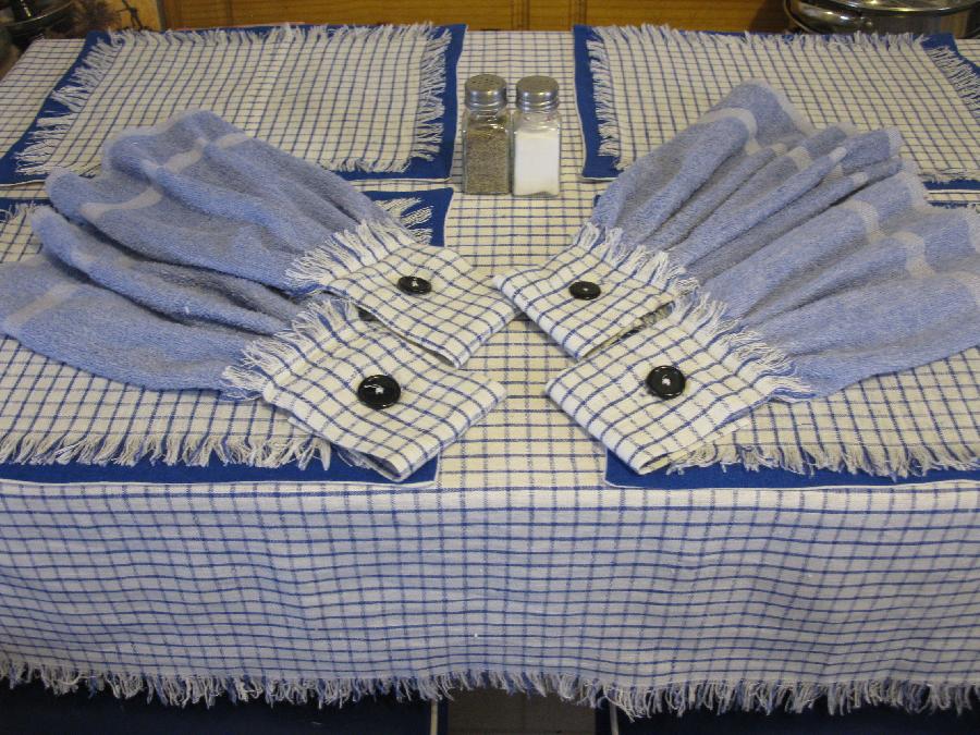 Donna, Yarn dyed blue Gingham table cloth, place mats, and hanging dish towels. I used some left over middl...