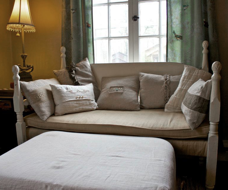 Sharon, I made this bench out of a full size vintage headboard and footboard, and then made the pillows out...