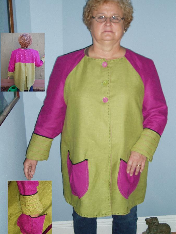 Cynthia, A funky green and pink linen jacket, lined in linen, trimmed with hand embroidered yoke, cuffs, hem,...