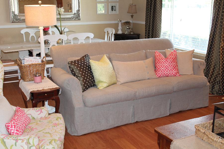 Bethany, I loved the style of our down filled sofa, but not the fabric.  I made a slipcover from the Heavy Ru...