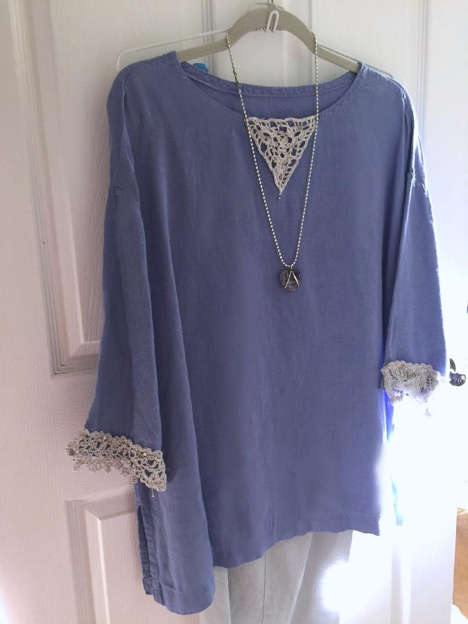 Betty fay, Linen tunic with handmade crochet lace at cuffs and neckline.  Made with IL019 in Wisteria.