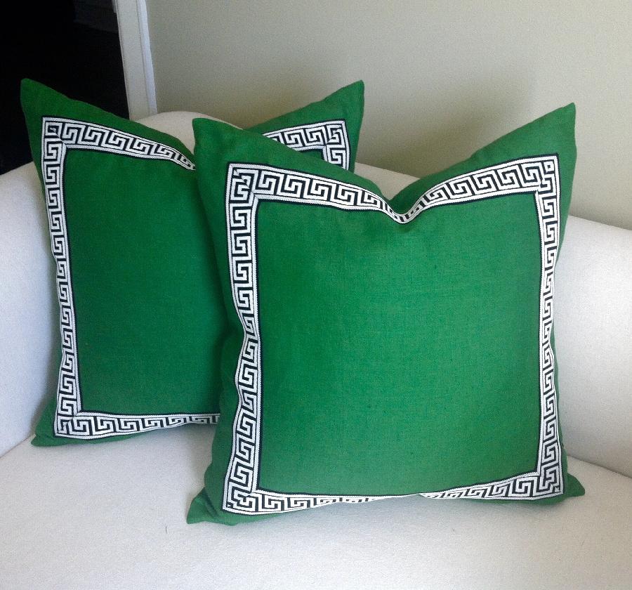 Wanda , Custom emerald green pillow accented with black and white greek key trim! 