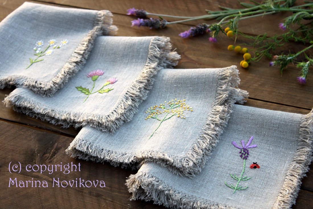 Marina, rustic linen... simple weeds and flowers - I think it perfect combination :-) I hand embroidered flo...