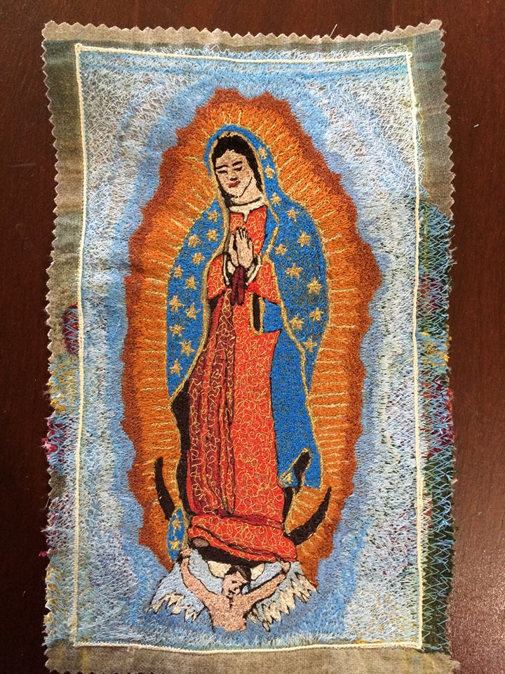 Karen, The Virgin of Guadalupe is free-motion machine embroidered onto a FS natural linen. It will be appl...
