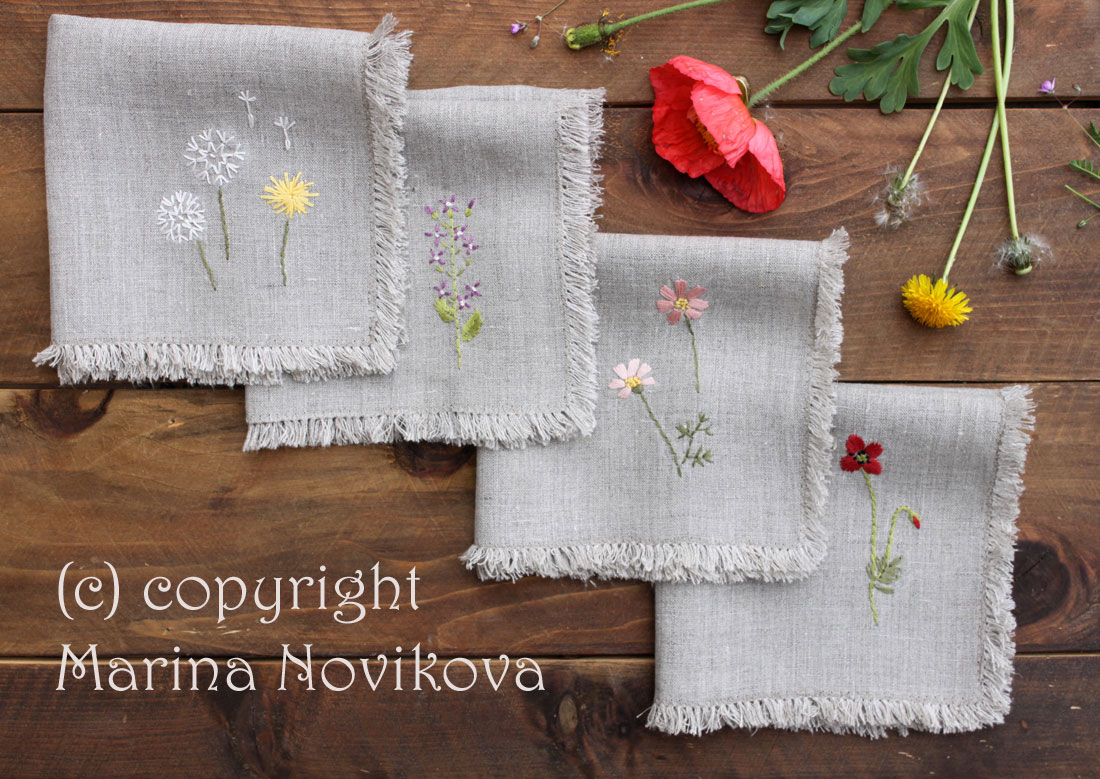 Marina, Meadow flowers and beautiful weeds - all hand embroidered on natural linen, additionally I frayed th...