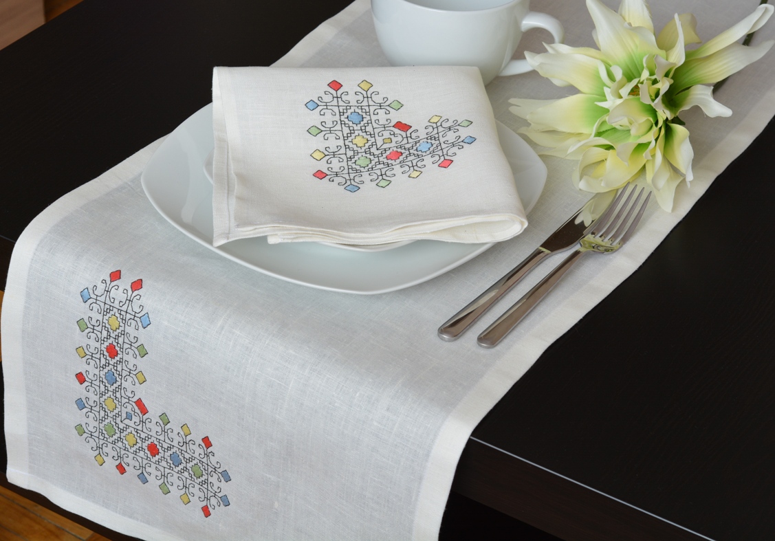 Ralita, I made this Table Runner - napkin  - Placemat set from IL019 BLEACHED 100% Linen. 
All the embroide...