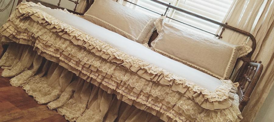 Song, Daybed duvet cover was made with IL020 natural softened.  Three layer ruffles with lace overlay. Mat...