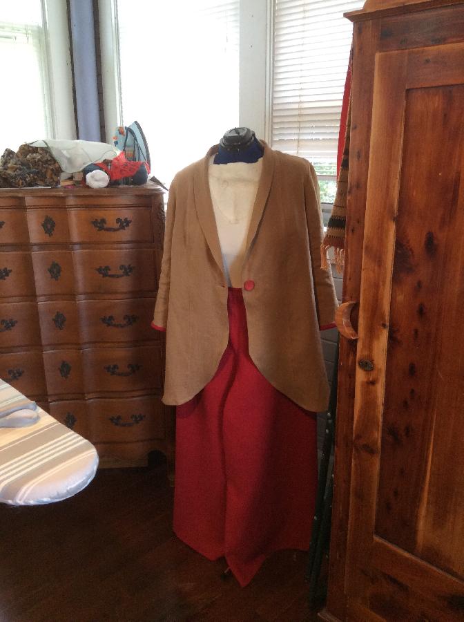 Pat, jacket in med weight ginger with 4c22 crimson wide leg pants and crimson band at sleeves.