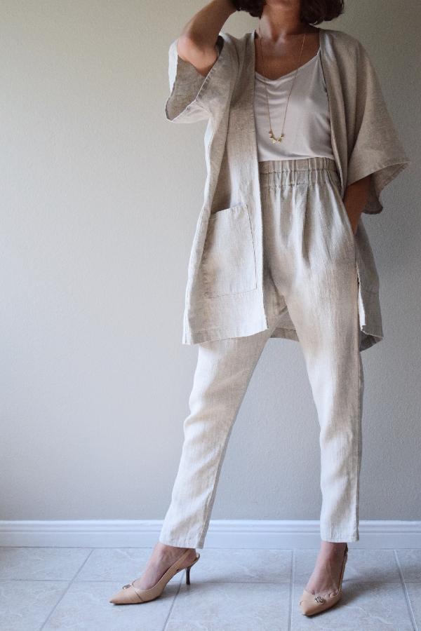Randee, Kimono and pleated trouser made with softened Mixed natural, heavy weight. My very favorite linen! w...