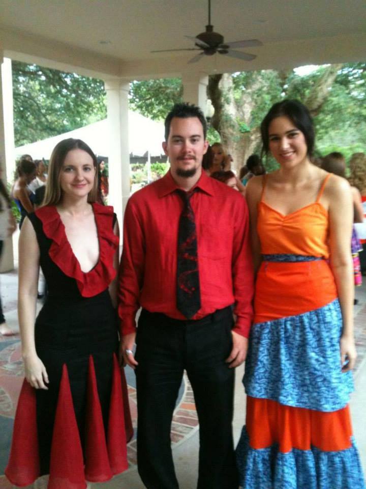 Adam, Far right: dress made from ILO19 Black and ILO41 Ruby. Middle: shirt made from 4C22 Crimson.