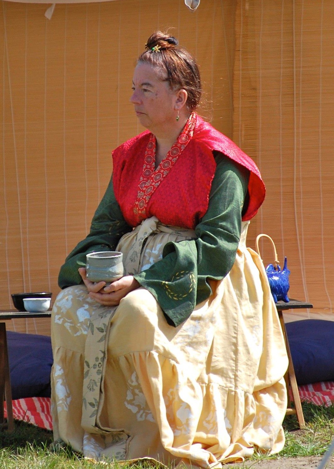 Lisa, 9th century Japanese court outfit. Shirt and vest are silk, skirt is linen stencilled with Neopaque...