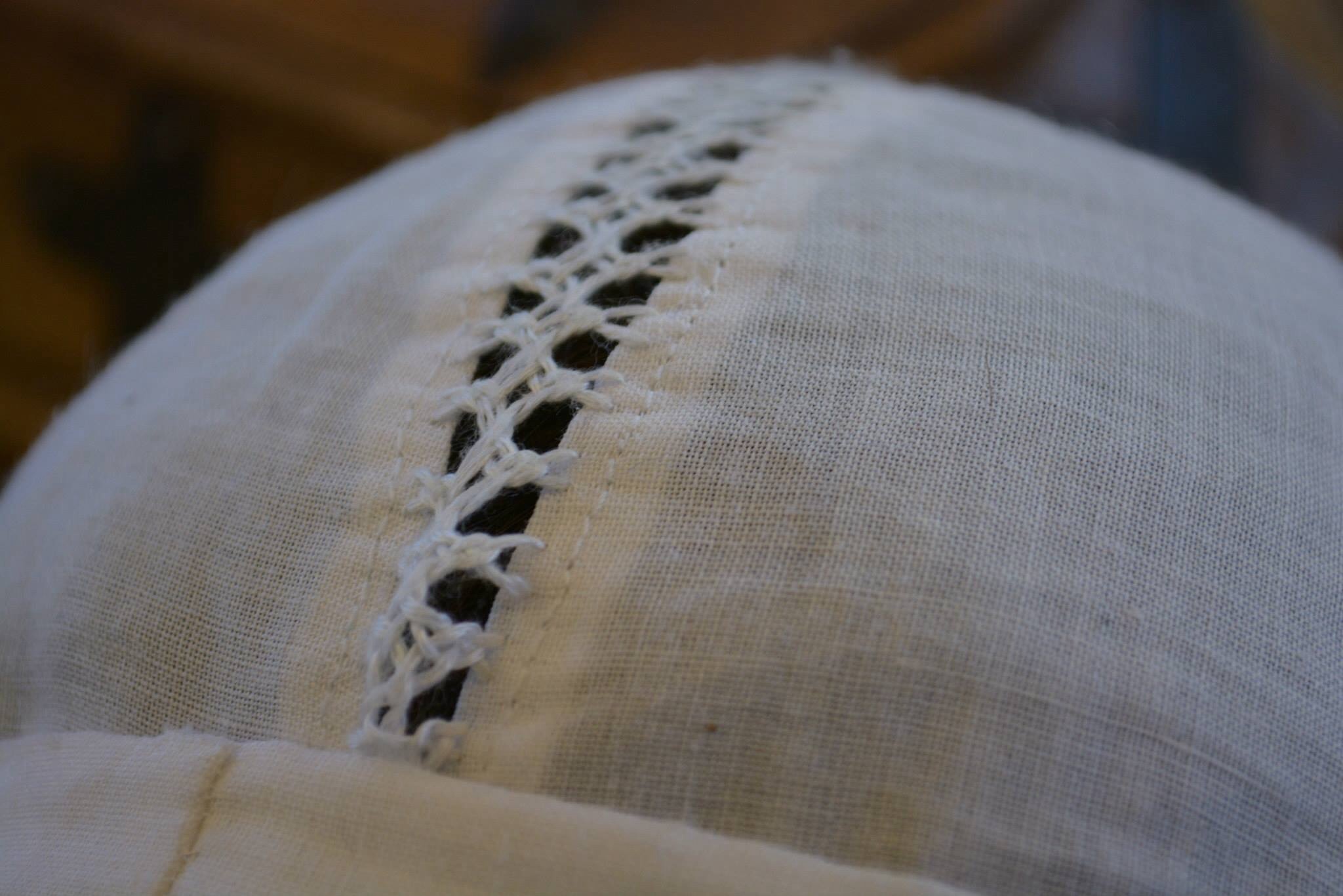 Carla, Detail of St. Brigittas cap made from IL020 Linen.