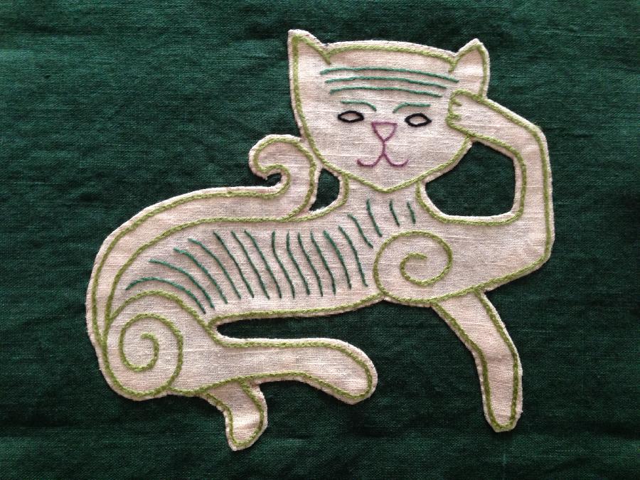 Elise, Cat panel inspired by the Oseberg cart carvings from Viking age Norway.  Embroidery done with silk f...