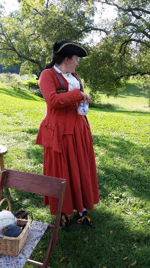 K, Linen reproduction of a 1760s era riding habit.  Matching petticoat, waistcoat, and jacket.  All co...