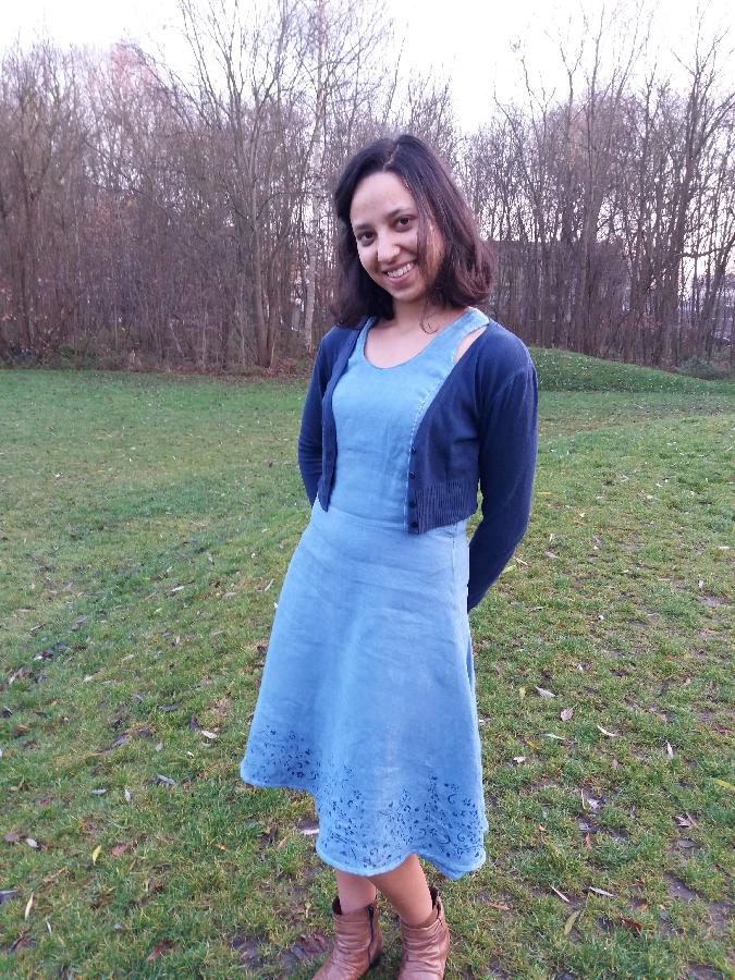 Pavani, A handdyed blue linnen dress with dark blue stensil pattern