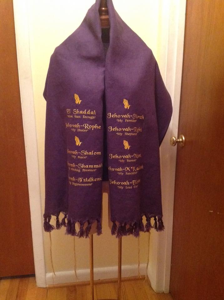 Lelia, Names of God machine embroidered Prayer Shawl made of 100% 4C22 Royal Purple linen.