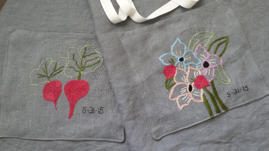 Louise, Matching set of aprons made for a wedding gift. The groom is a chef and the bride, an organic garden...