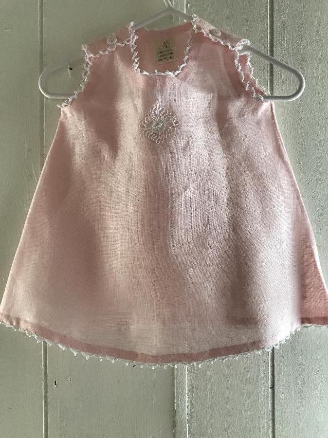  marta, Light Pink Baby Dress No Sleeves With White Tatting On Neck,Sleeve and Hem. Lace Teneriffe On The Fr...