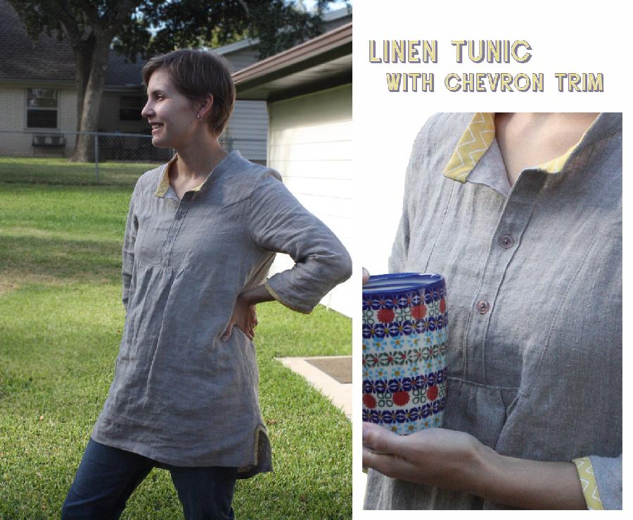 Anni, A linen tunic made from natural linen, with quilting cotton chevron trimmings on hem, collar and sle...