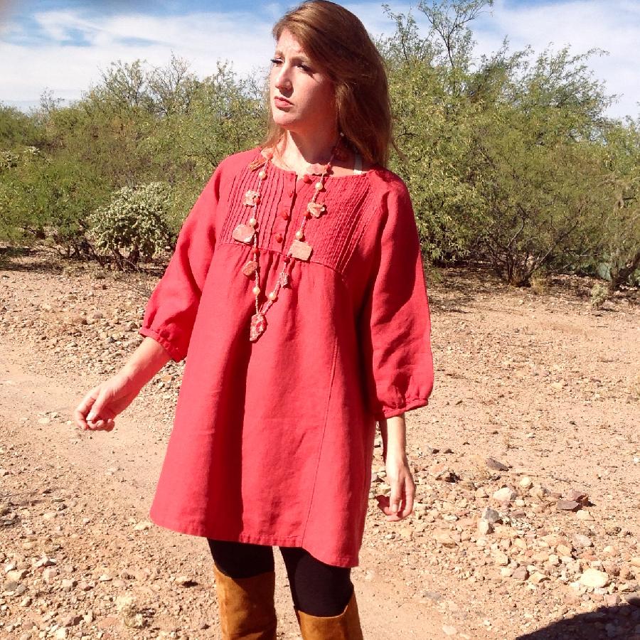 Kelly, Hand-Dyed Aurora Red, 100% European Mid-Weight Linen, modeled by Kelsey OShea in the Sonoran Desert...