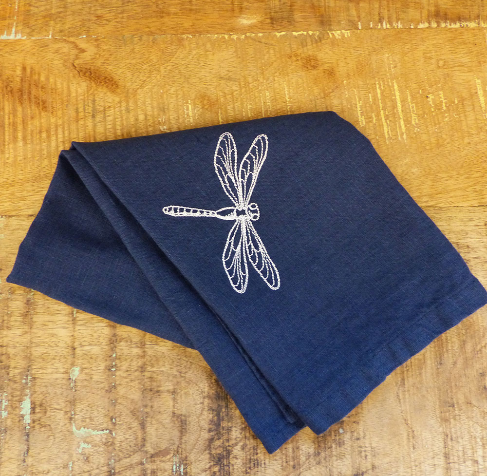 Mary, Embroidered tea towel using mid weight navy linen
