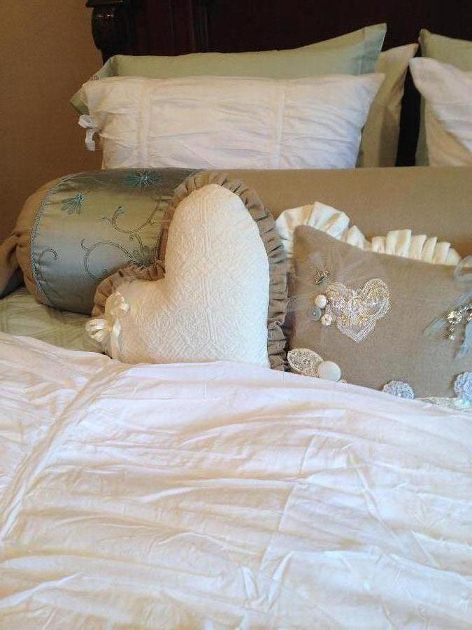 Terry, Natural Linen Ruffle on Heart Pillow - 
Natural Linen Vintage button Pillow with Bleached Linen Ruf...