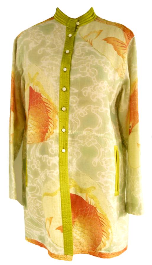 Heidi, Light weight linen
painted and printed
trimmed in silk satin