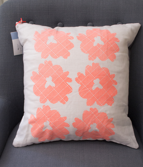 Alyson, bloom handprinted with my design, throw pillow that I made from your white linen