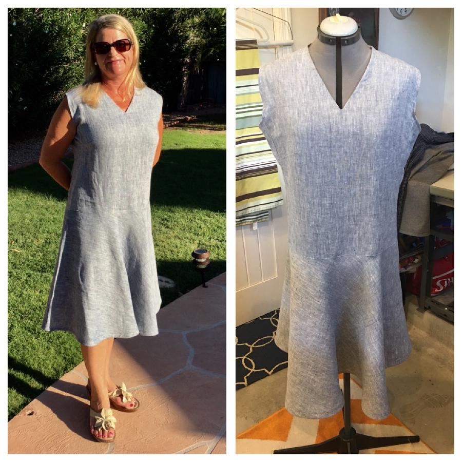 William, All linen unlined but finished seams. Drop waisted dress with arm and neck facings. Invisible zip in...