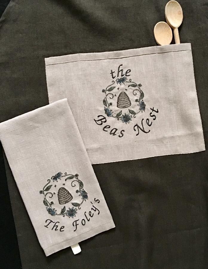 Ann, For the brides gift I machine embroidered on the pocket and towel.  The apron is Teak medium weight...