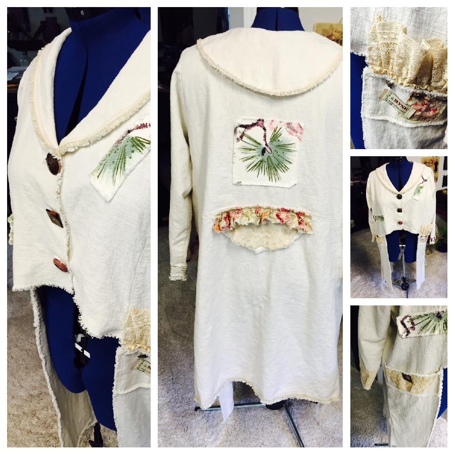 Wendy, Fun jacket made with heavy linen and bits of vintage fabric and lace and barkcloth scraps. 