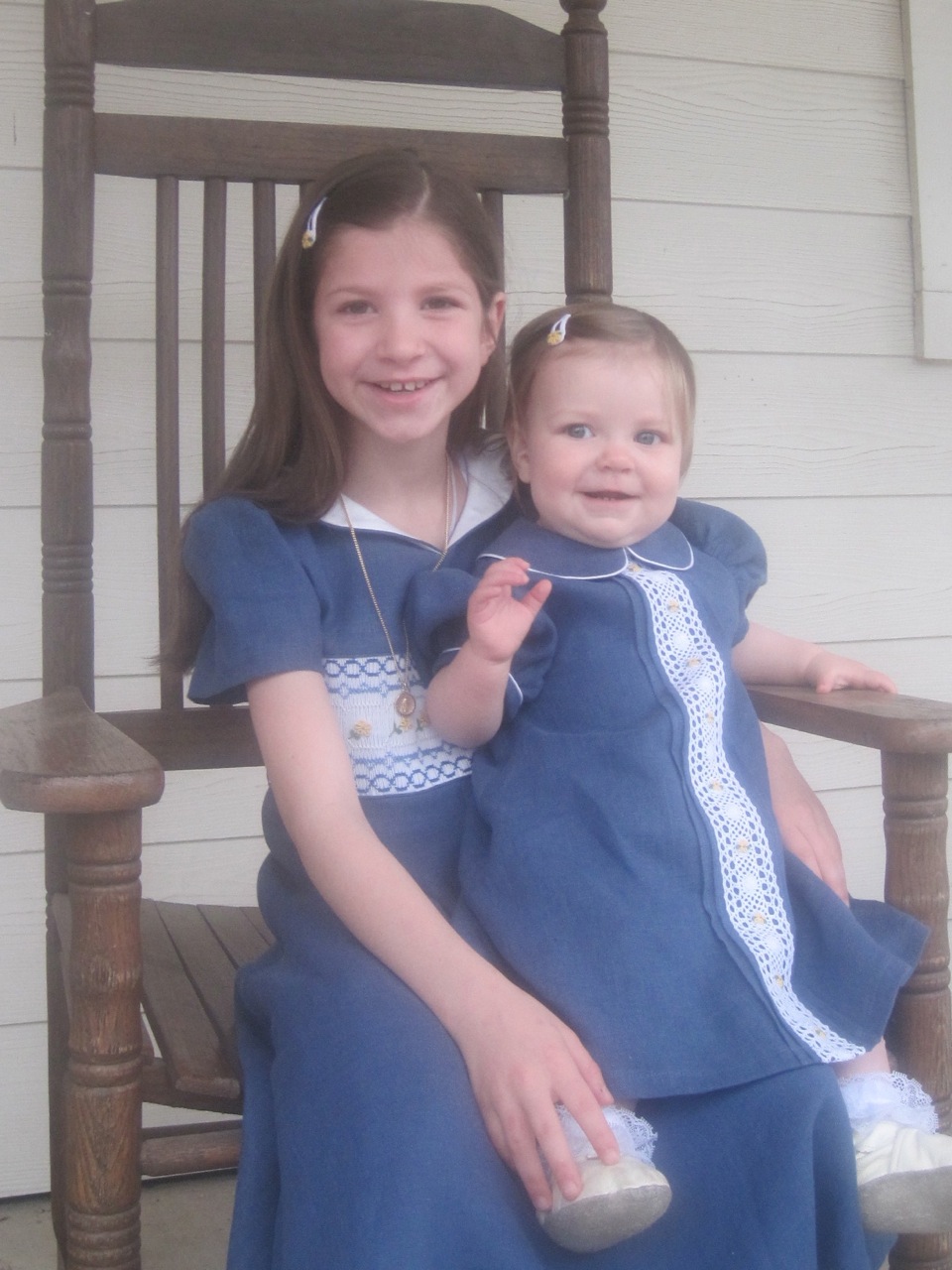 Jamie, These are matching Easter dresses in Bluebonnet for my two daughters.  The older daughters dress is...
