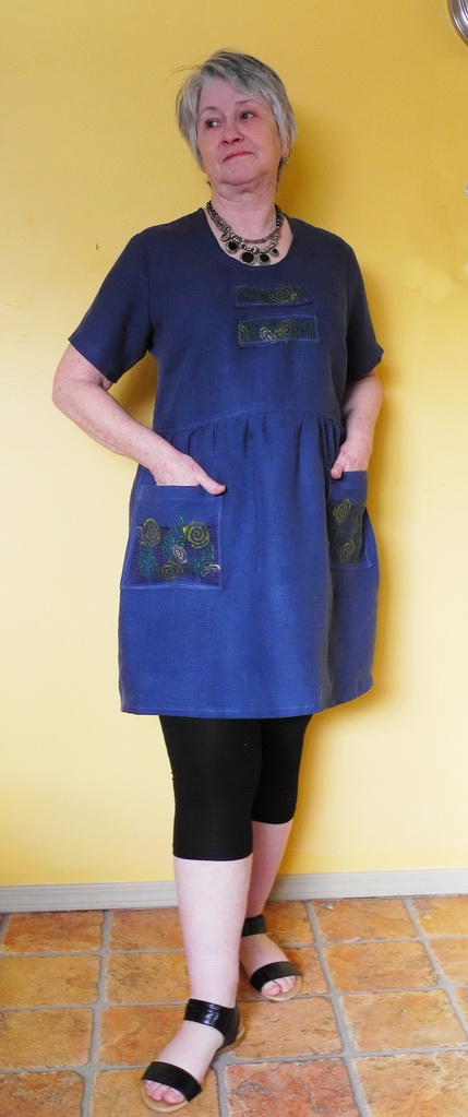 Pk, Half sleeve linen dress, altered. Cobalt linen with stamped designs.