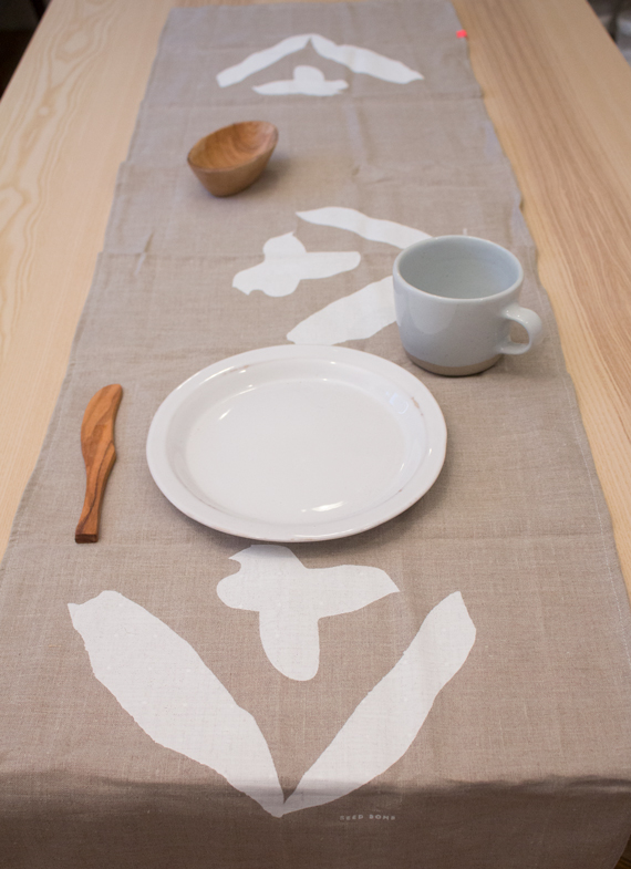 Alyson, Sprout hand printed table runner with my designs, made from natural linen