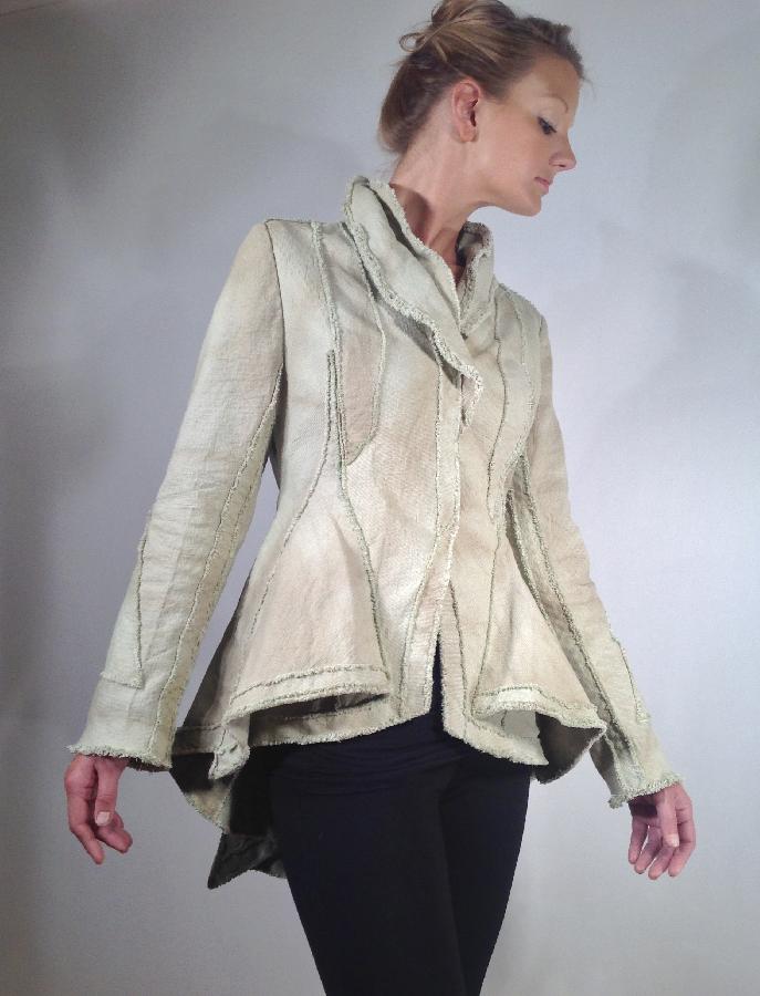 Peter, Linen canvas jacket. Dyed and over-dyed with black walnut. Cut interlay on bias. The surface design...