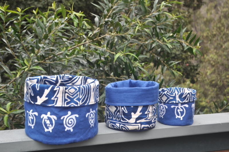 Jane, Nesting reversible fabric containers.  Silk-screened mid weight linen lined with 100% cotton Hawaiia...