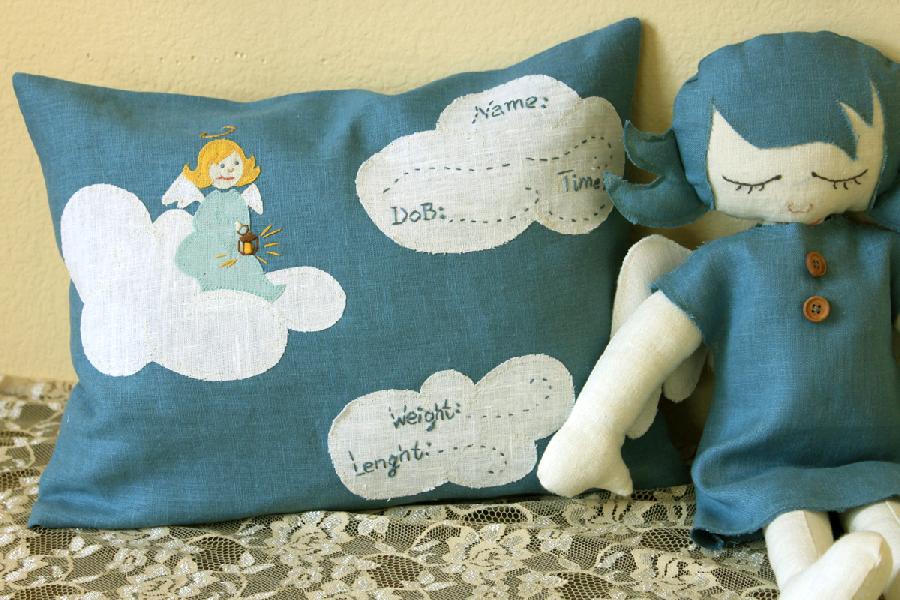 Marina, Birth announcement pillow with hand embroidered elements - Angelic feel :-)