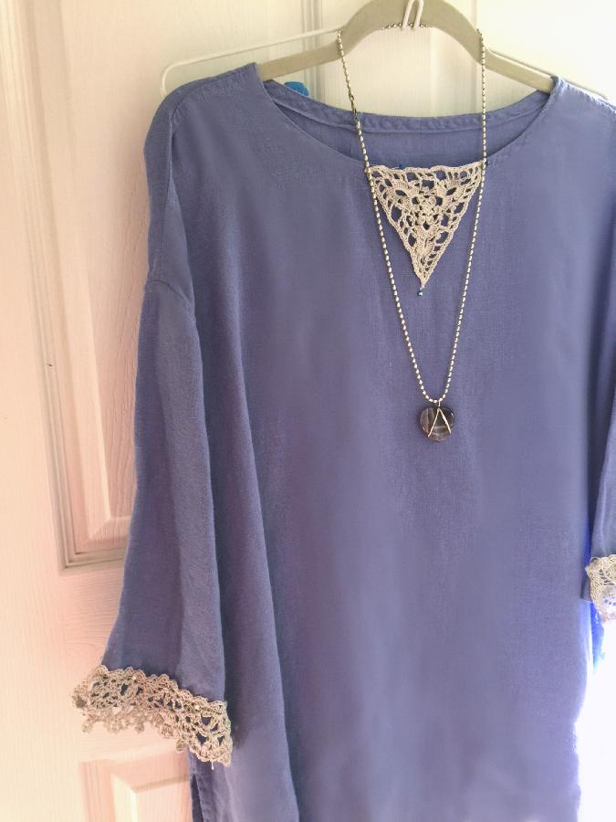 Betty fay, Tunic with handmade lace at cuffs and neckline made with IL019 in Wisteria.