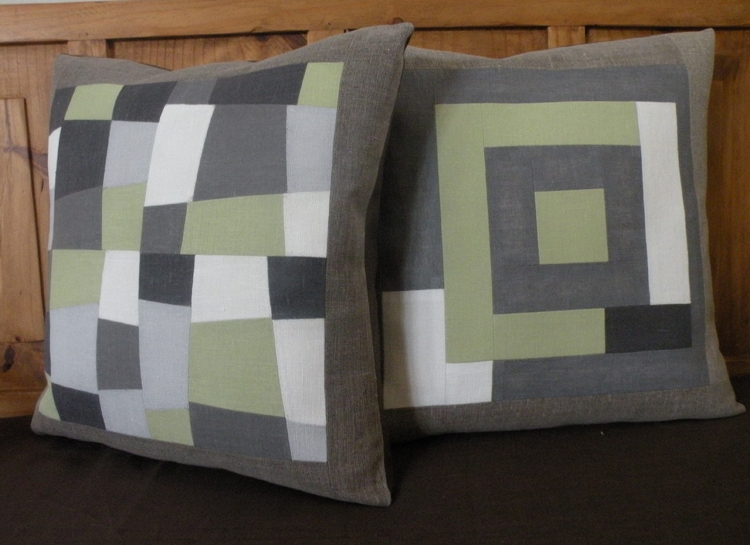 Martha, 20 x 20 pillows are pieced together with four different weights of linen.
On the left: Fog green...