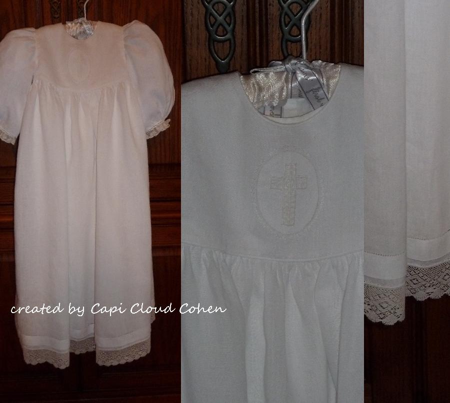 Capi, This white handkerchief linen christening gown features a drawn thread whitework cross on the bodice...