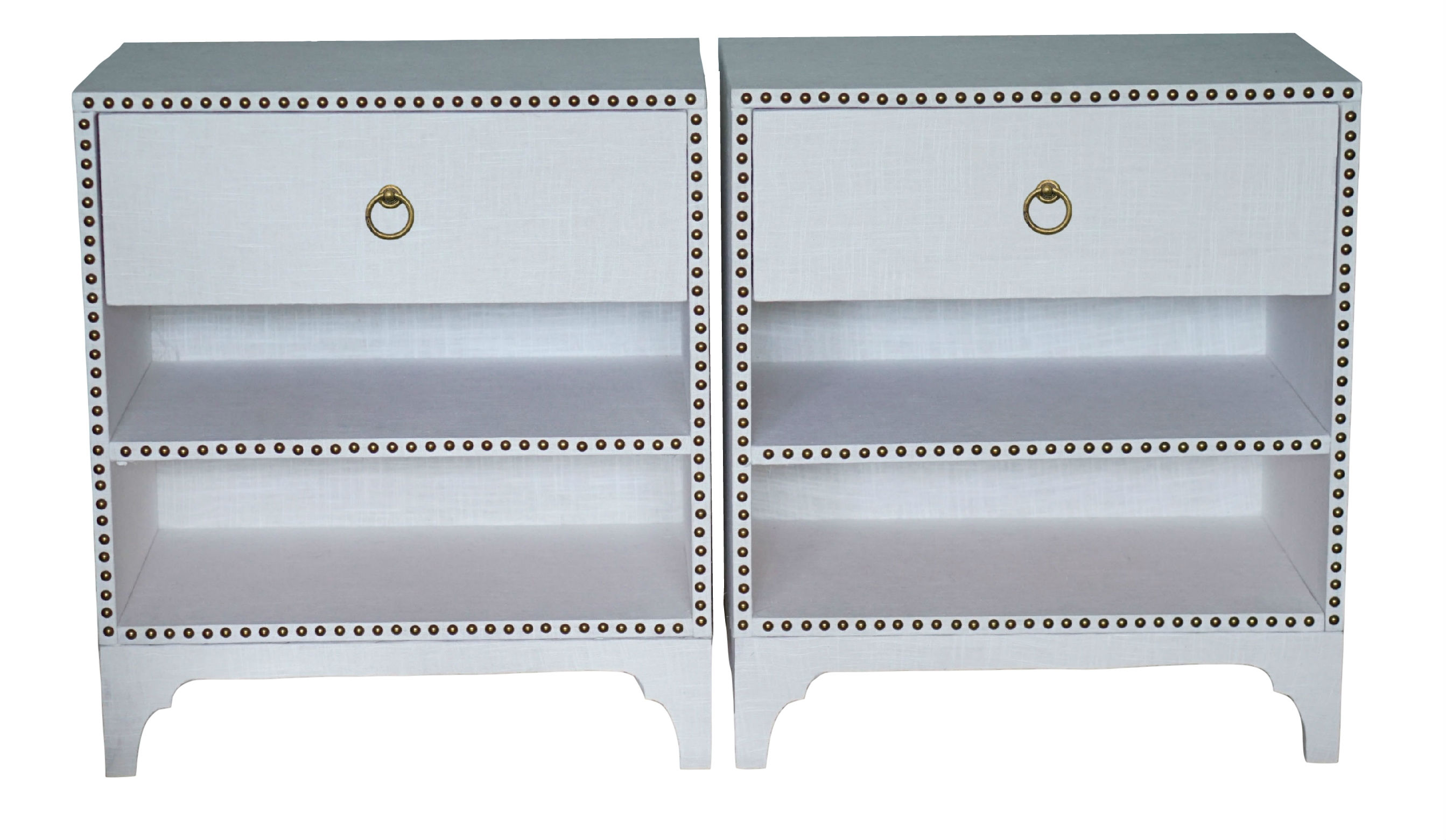 Alexis, Pair of custom made nightstands wrapped with white linen and accented with nail heads.