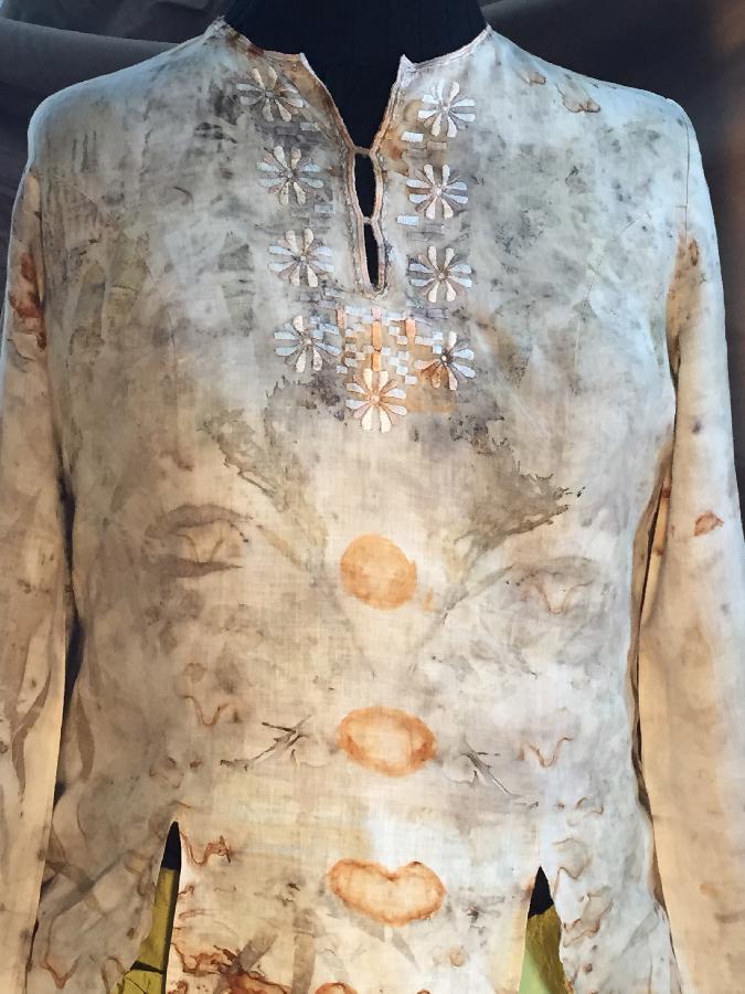 Teresa, This is eco printed and rust printing on 100% linen.
When rust printing you must soak in salt water...