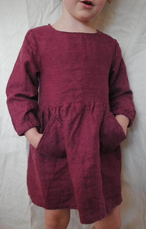 Meghan, Childs linen gathered waist dress with pockets. Original design.